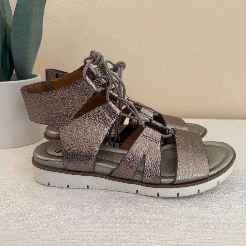 Sofft Pewter Metallic Leather Gladiator Wedge Sandals